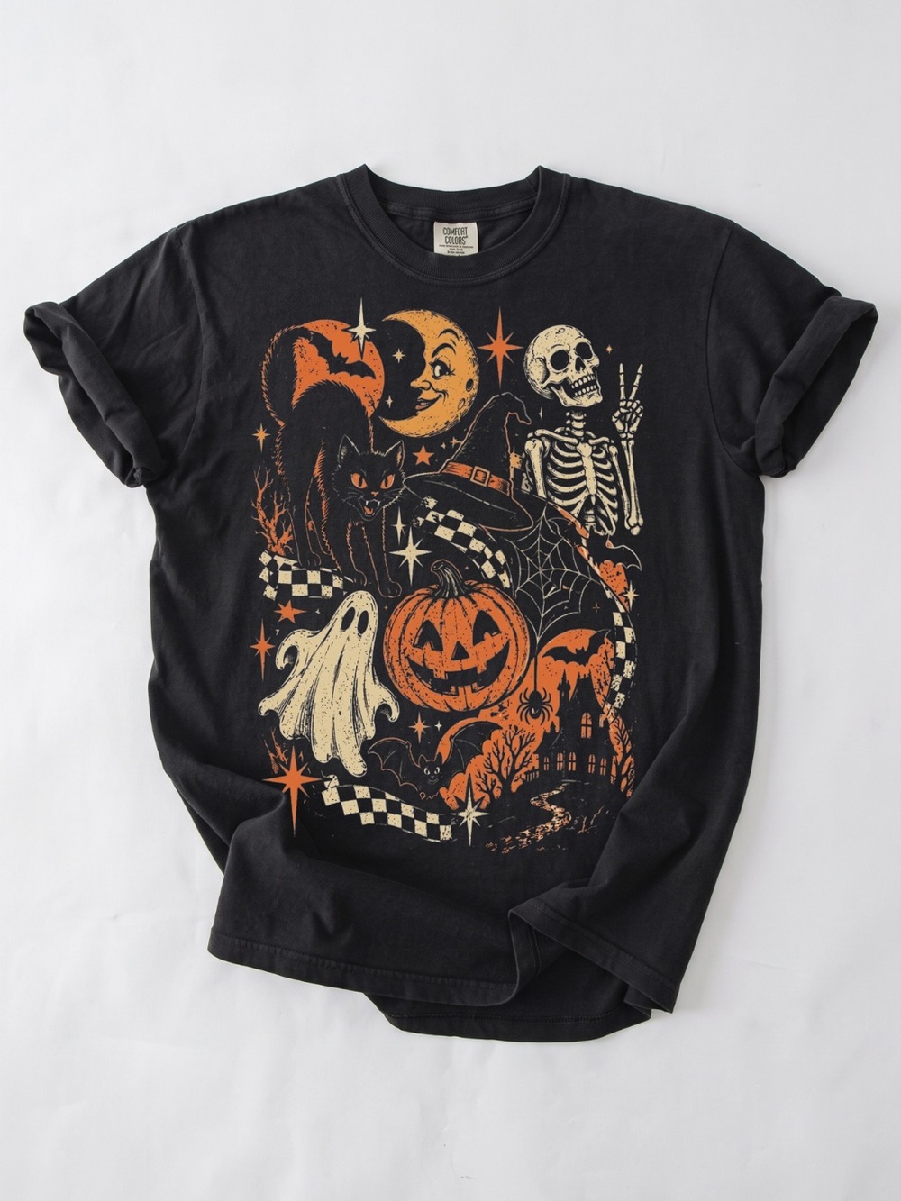 Comfort Colors Retro Halloween Graphic Tee, Black Cat Ghost Skeleton T-Shirt